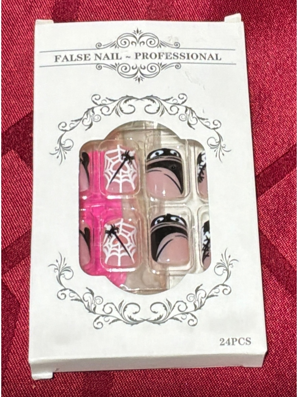 Professional False Nail Set with Pink and Black Spider Web Design - 24 Pieces